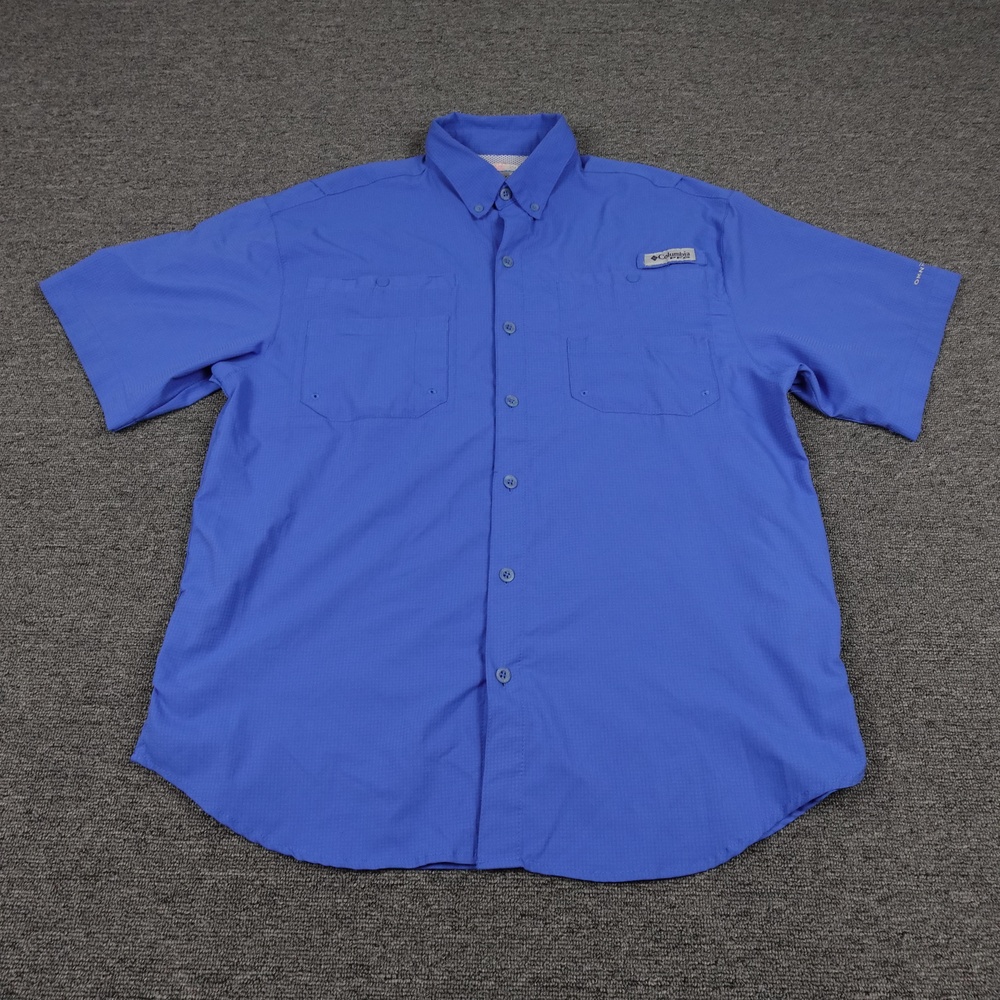 Columbia Shirt Mens Medium Blue Solid Short Sleeve PFG Fishing Omni-Shade
